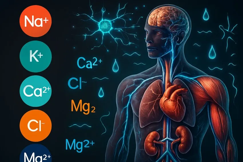 نقش الکترولیتها در بدن با نمایش یونهای Na⁺، K⁺، Ca²⁺، Cl⁻ و Mg²⁺ در کنار اندامهای حیاتی و نورونهای فعال