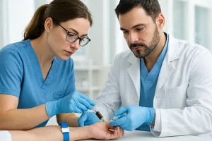 پزشک و پرستار در حال انجام نمونهگیری خون شریانی، از مچ دست بیمار در محیط کلینیکی با تمرکز بالا و تجهیزات ایمن.
