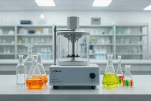 روتاتور آزمایشگاهی پیشرفته با لوله‌های آزمایش رنگی و پتری‌دیش‌ها در محیطی مدرن و مجهز برای انجام آزمایش‌های دقیق شیمیایی و زیستی.