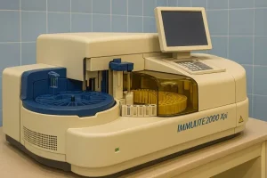 دستگاه Immulite 2000 Xpi در محیط آزمایشگاهی با طراحی دقیق، نمایش جزئیات کامل نمونهگیر، کاروسل معرف و مانیتور کنترل دیده میشود.