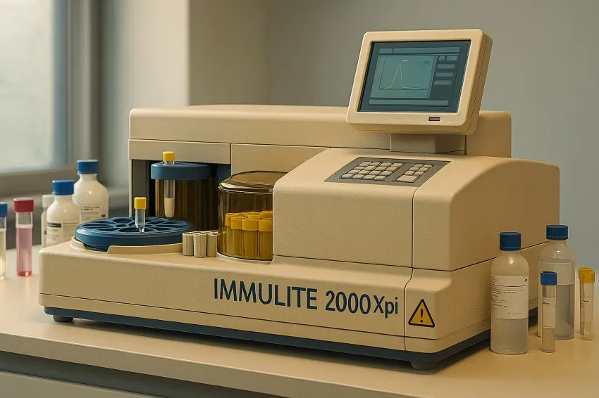 دستگاه Immulite 2000 Xpi در محیط آزمایشگاهی مدرن، همراه با لولههای نمونه و معرفها، با نور طبیعی و جزئیات دقیق نمایش داده شده است.