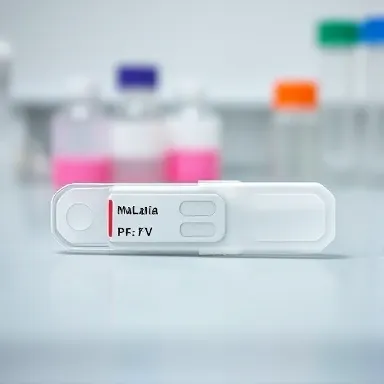 کیت تشخیص مالاریا PF/PV با طراحی آزمایشگاهی و نمایش ناحیه نمونهگذاری و پنجرههای نتیجه – تصویر شامل نوار تست با برچسبهای Malaria و PF:PV، دارای دو پنجره مستطیلی برای نمایش نتیجه و ناحیه دایرهای برای افزودن نمونه، در پسزمینهای از ظروف آزمایشگاهی.