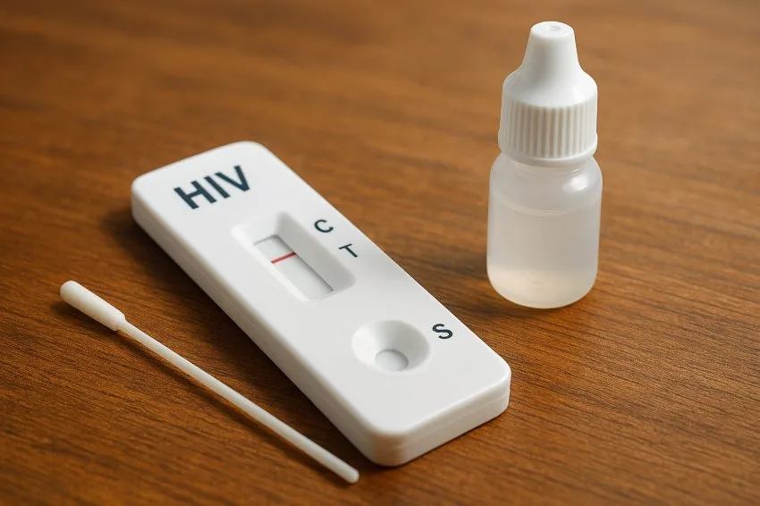کیت تست سریع HIV شامل دستگاه تست سفید رنگ با نشانگرهای C و T، قطره‌چکان حاوی محلول شفاف، و سواب یک‌بار مصرف روی سطح چوبی با نور طبیعی و جزئیات دقیق.