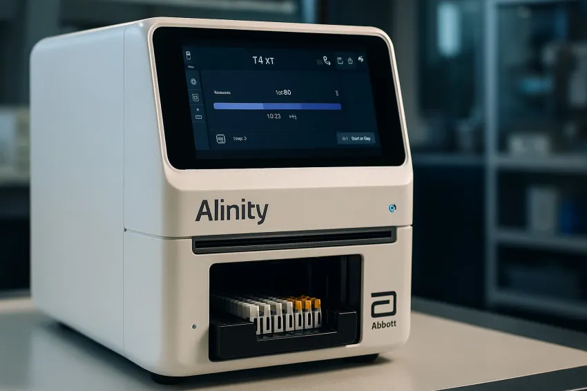 دستگاه Alinity-I محصول شرکت Abbott در محیط آزمایشگاهی مدرن، با نمایشگر لمسی و قابلیت پردازش تست‌های ایمونواسی با دقت بالا.