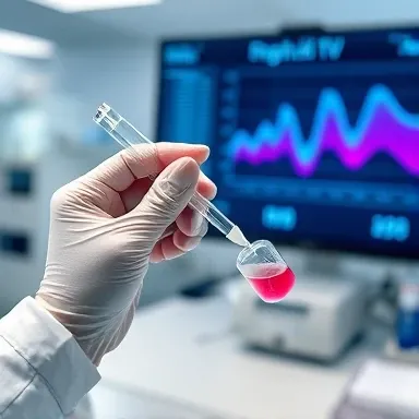 کیت سنجش Bioline HCV در حال استفاده در محیط آزمایشگاهی با نمونه مایع صورتی و تحلیل دادههای گرافیکی روی مانیتور، مناسب برای تشخیص دقیق ویروس هپاتیت C.
