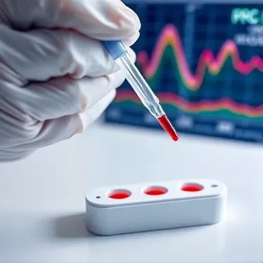 کیت سنجش Bioline HCV در حال تزریق نمونه قرمز به پلیت آزمایشگاهی با نمایش گراف تحلیل داده روی مانیتور، مناسب برای بررسی دقیق ویروس هپاتیت C.