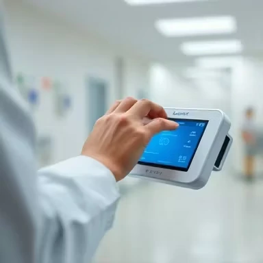 دستگاه تست‌های تشخیصی i-Stat 1 در حال استفاده توسط پزشک در محیط استریل، با نمایشگر لمسی فعال و داده‌های پزشکی لحظه‌ای.