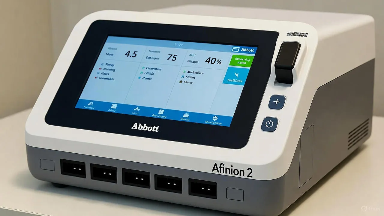 دستگاه Afinion 2، تحلیلگر چندمنظوره سریع Abbott برای تستهای point-of-care مانند HbA1c و ACR، با صفحه نمایش لمسی و کارتریجهای یکپارچه در محیط کلینیکی، نتایج دقیق را در چند دقیقه فراهم میکند.