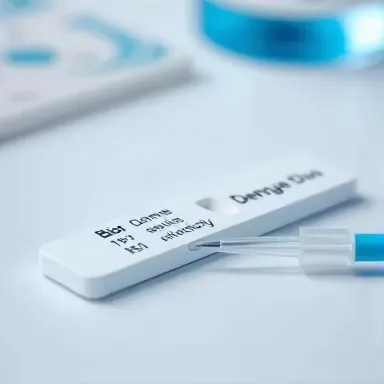 کیت تشخیص تب دنگی Bioline Dengue Duo در حال استفاده در محیط آزمایشگاهی با نورپردازی دقیق و نمایش واضح اجزای تست.