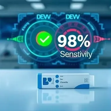 کیت تشخیص تب دنگی (Bioline Dengue Duo): تحلیل حساسیت 98% در برابر سروتیپ‌های مختلف DENV (DENV-1 تا DENV-4) نمایش داده شده با یک داشبورد دیجیتال و کیت تست. 