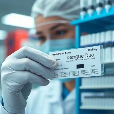 کیت تشخیص تب دنگی (Bioline Dengue Duo): تکنسین آزمایشگاه با دستکش استریل در حال بررسی کارت ثبت داده‌های کنترل کیفیت داخلی (IQC) و انطباق با پروتکل‌های دقیق تست. 