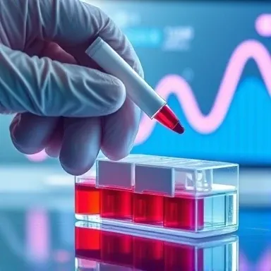 کیت سنجش Bioline HCV در حال برداشت نمونه از پلیت آزمایشگاهی با مایع قرمز و تحلیل نتایج روی مانیتور دیجیتال، مناسب برای تشخیص دقیق هپاتیت C.